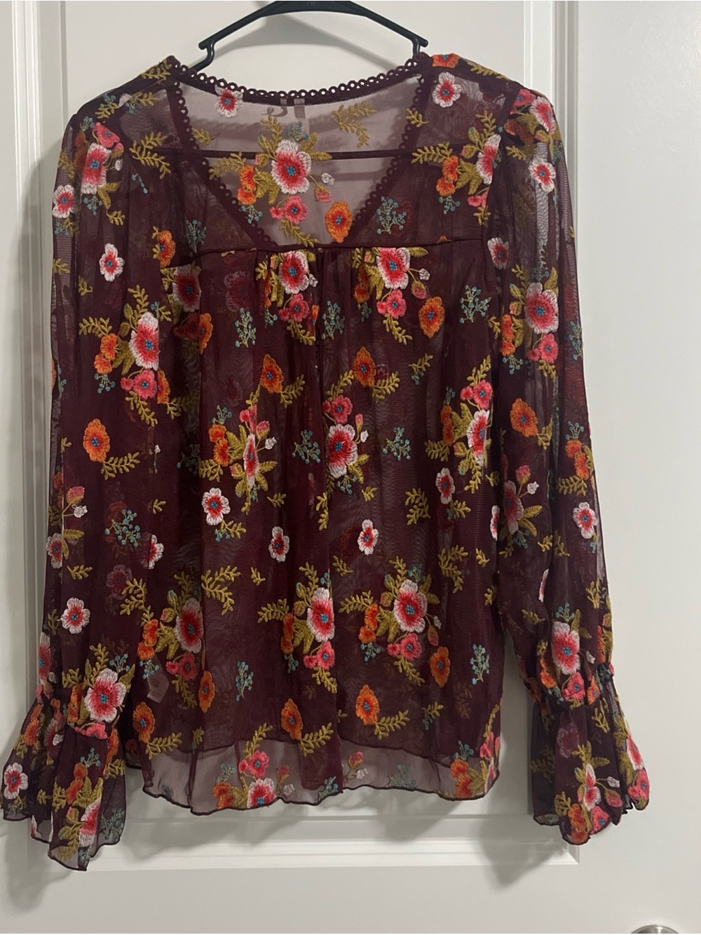 Feather Bone By Anthropologie Sheer Floral Embroidered Top MultiColor Blooms - Picture 4 of 5